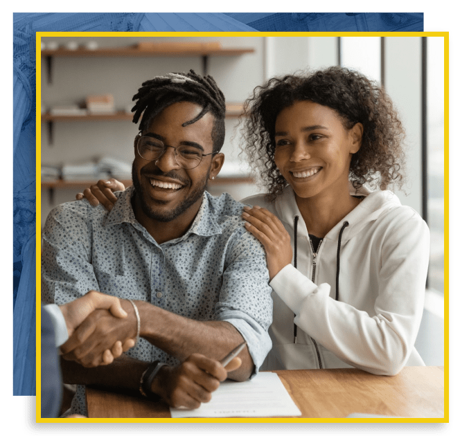 Happy Couple Woman Hugging Her Man While He Is Shaking Hands With A Lawyer